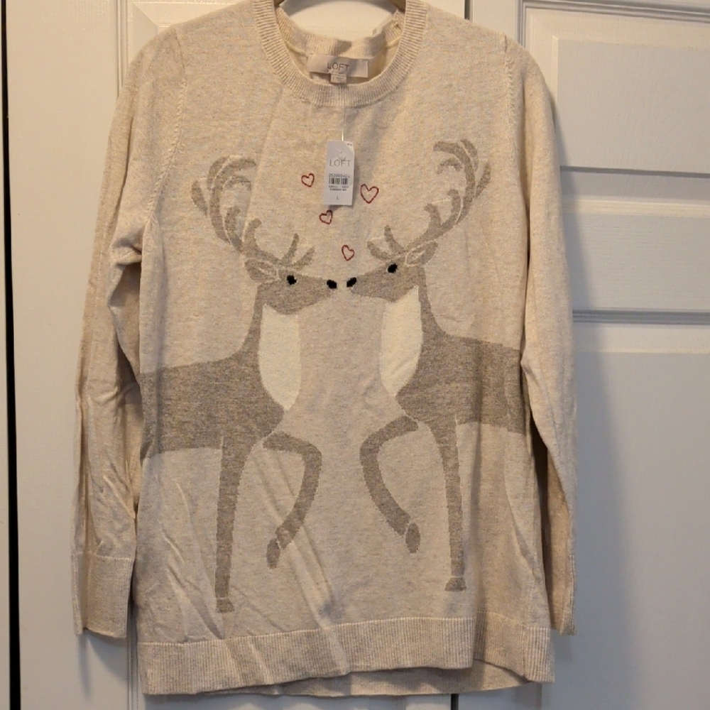 LOFT Beige and Gray Deer Crewneck Sweater